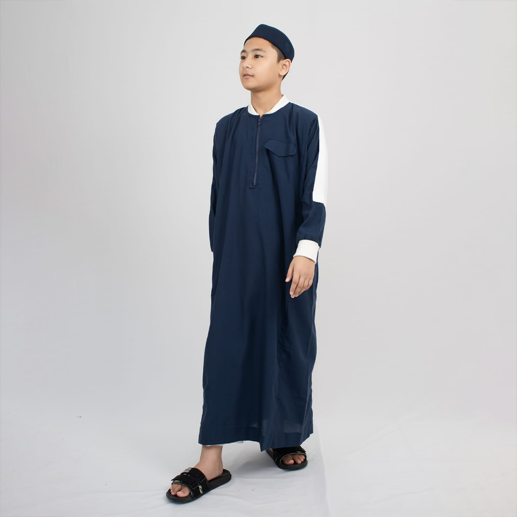 Gamis Riyadh Remaja - Navy List Putih